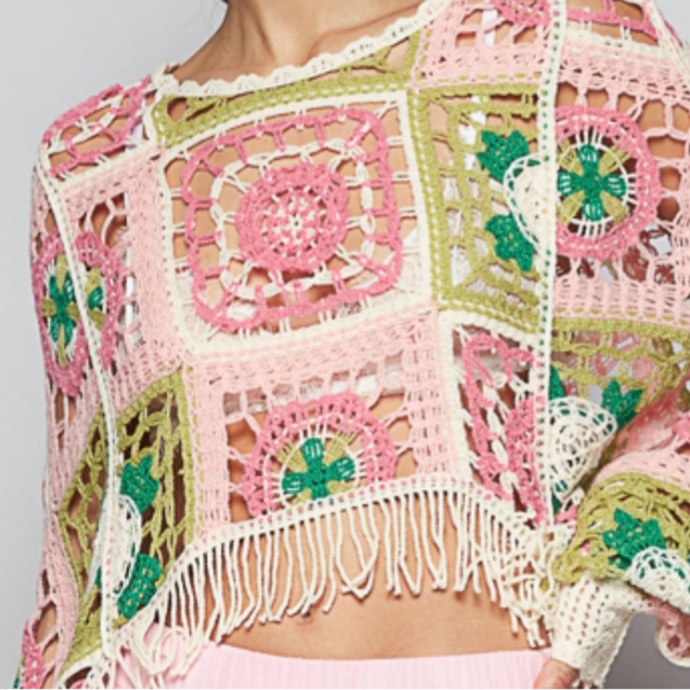 Pol NEW ONE SIZE Colorful Crochet Fringe top pink sweater - Picture 3 of 5